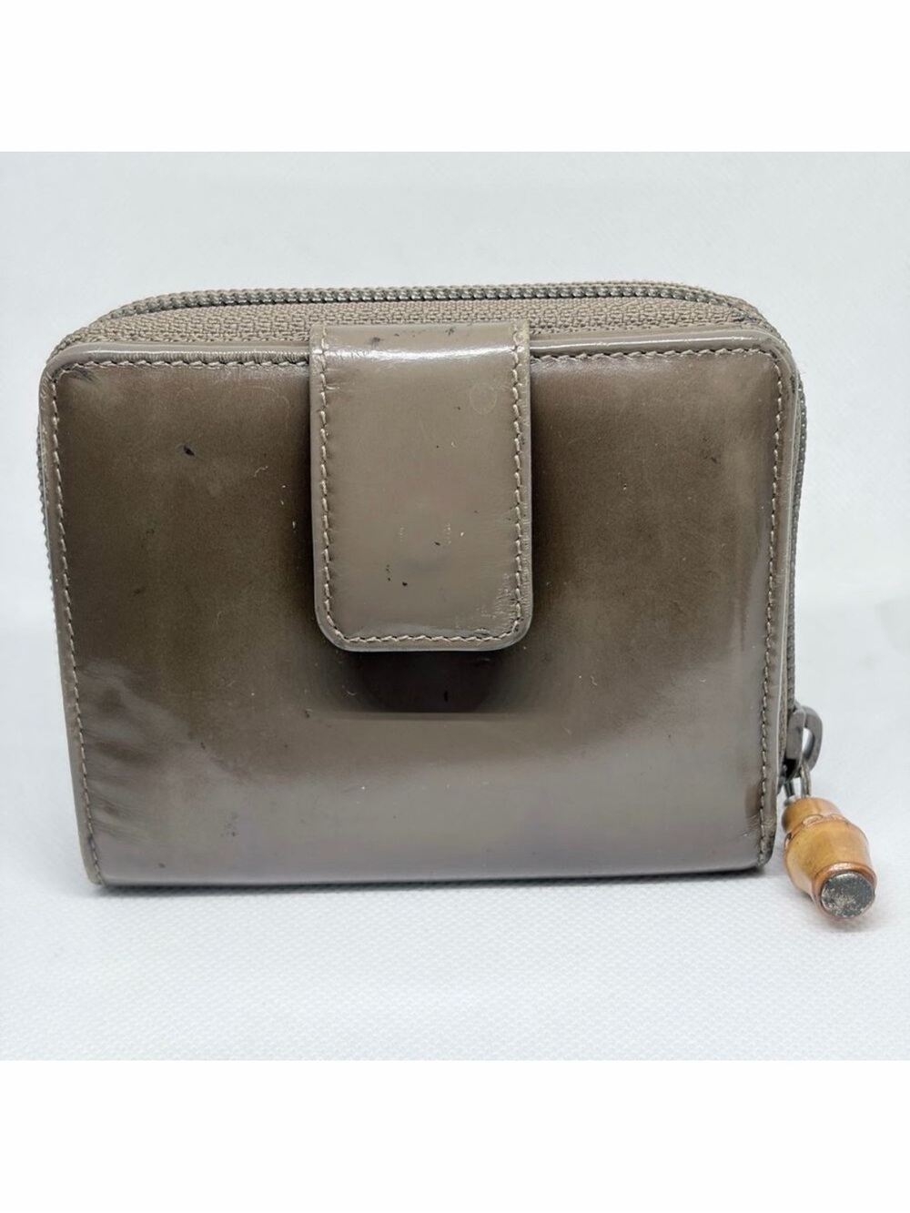 Gucci Bamboo Compact Zip Around Bifold Wallet Taupe Patent Leather